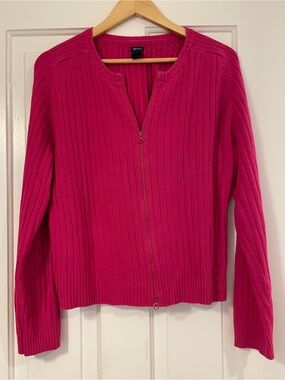 Vintage GAP Y2K Hot Pink Ribbed Knit Zip-Up Cardigan Sweater - Size XL